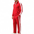 Men's Tracksuit Set with Contrast-Stripe Zip Jacket & Jogging Pants - Red
