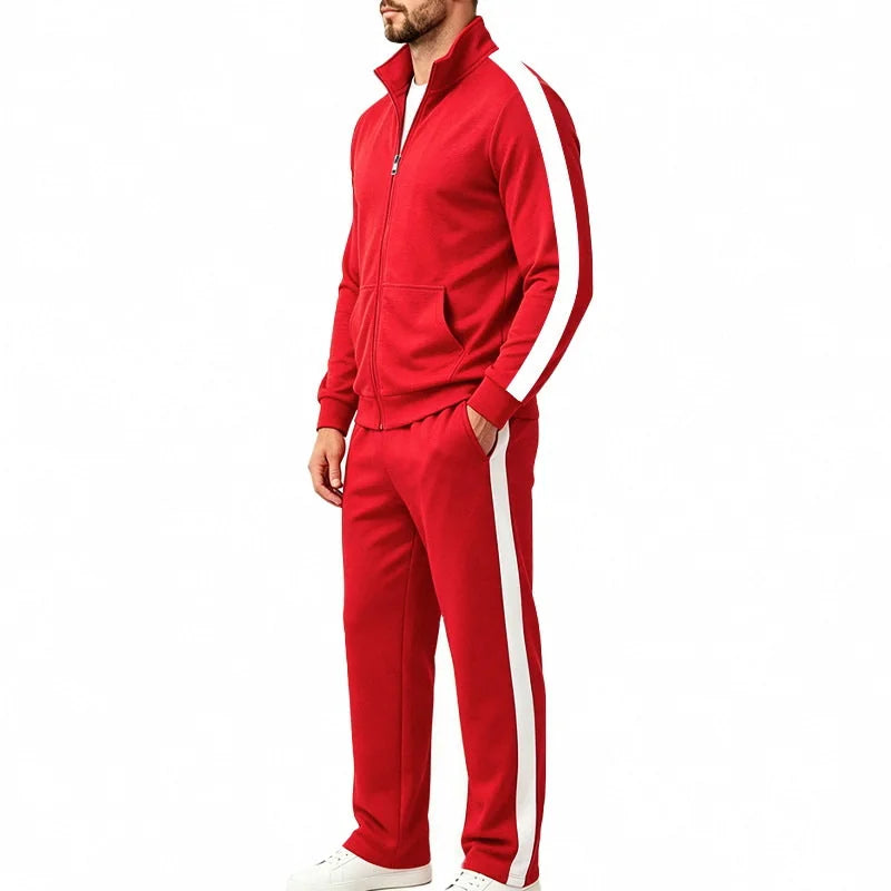 Men's Tracksuit Set with Contrast-Stripe Zip Jacket & Jogging Pants - Red