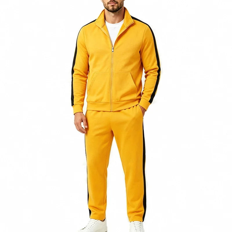 Yellow Men's Tracksuit Set with Contrast-Stripe Zip Jacket & Jogging Pants - Front Full