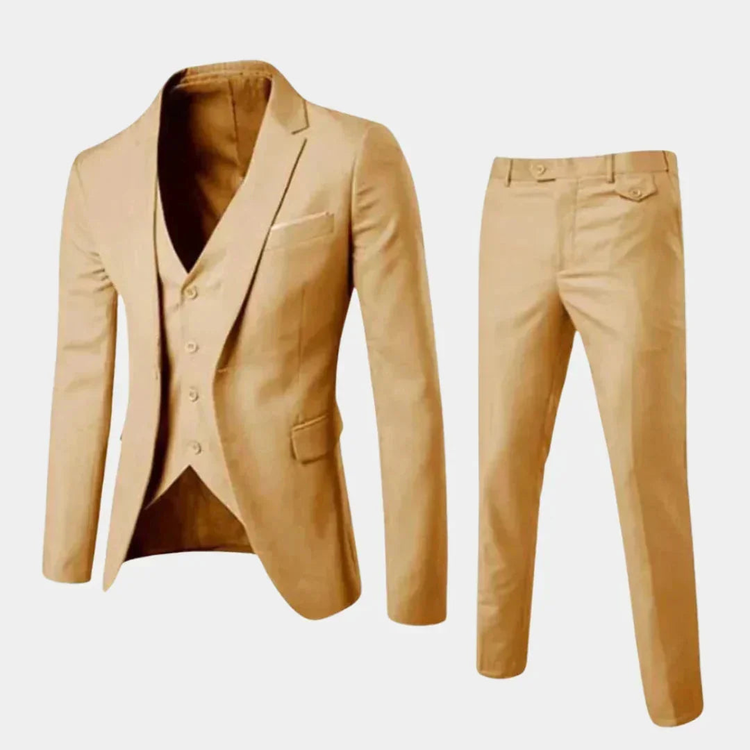 Beige Men's Suit with Slim-Fit Notched Lapel & Single-Button Closure