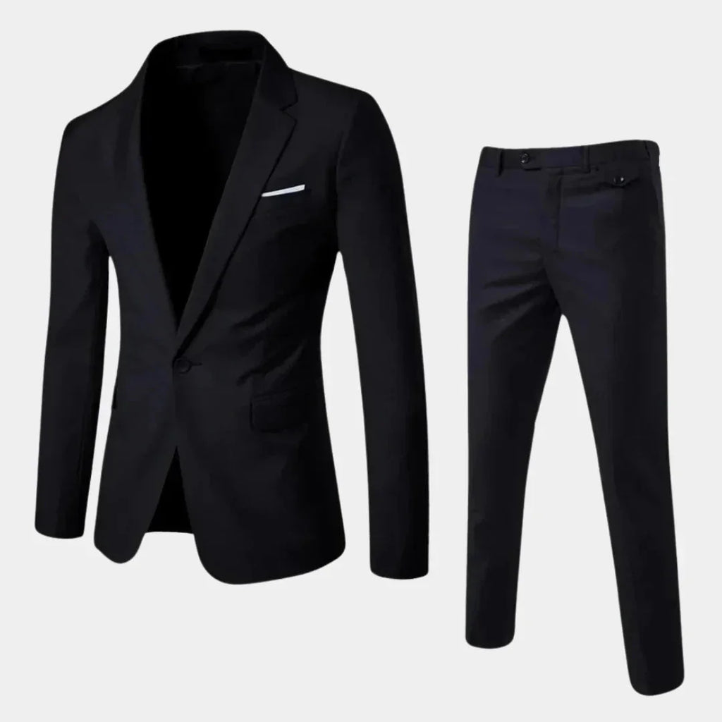 Black Men's Suit with Slim-Fit Notched Lapel & Single-Button Closure