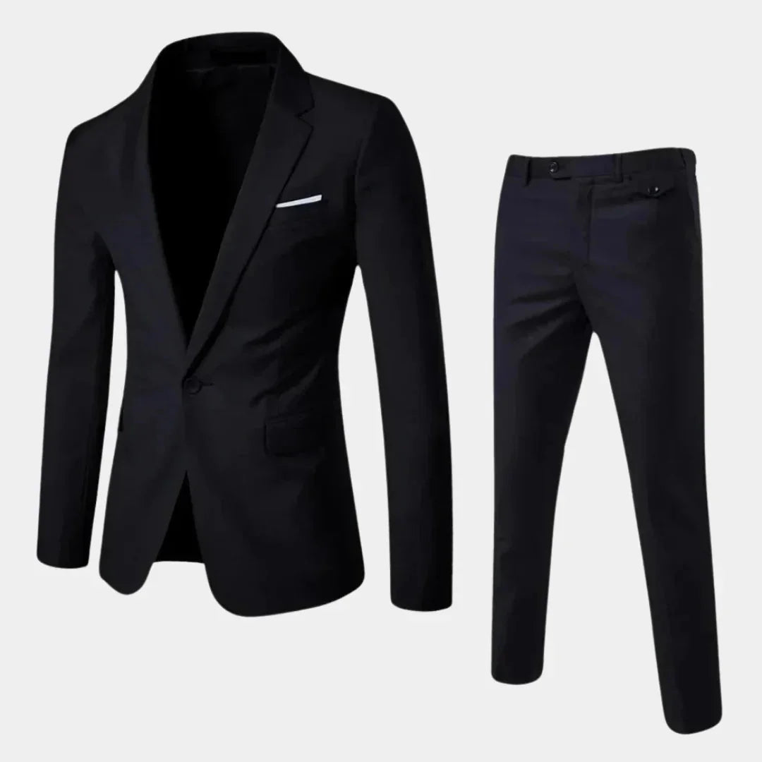 Black Men's Suit with Slim-Fit Notched Lapel & Single-Button Closure