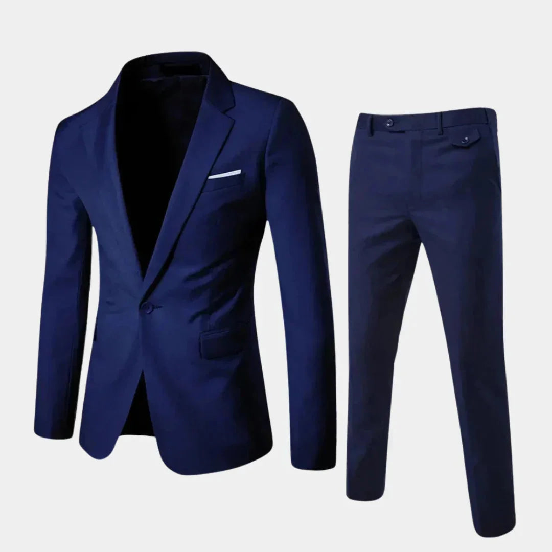 Dark Blue Men's Suit with Slim-Fit Notched Lapel & Single-Button Closure - Front Full Display