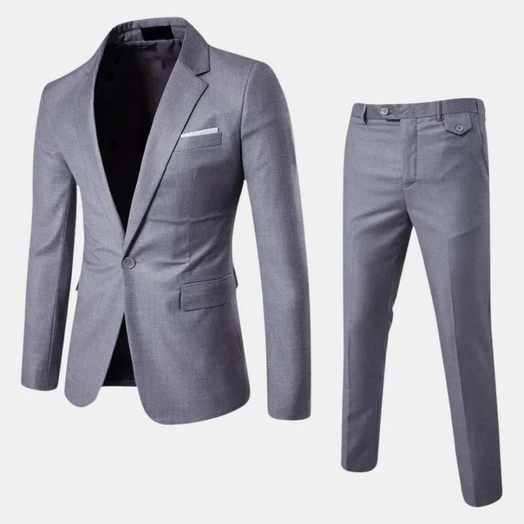 Grey Men's Suit with Slim-Fit Notched Lapel & Single-Button Closure