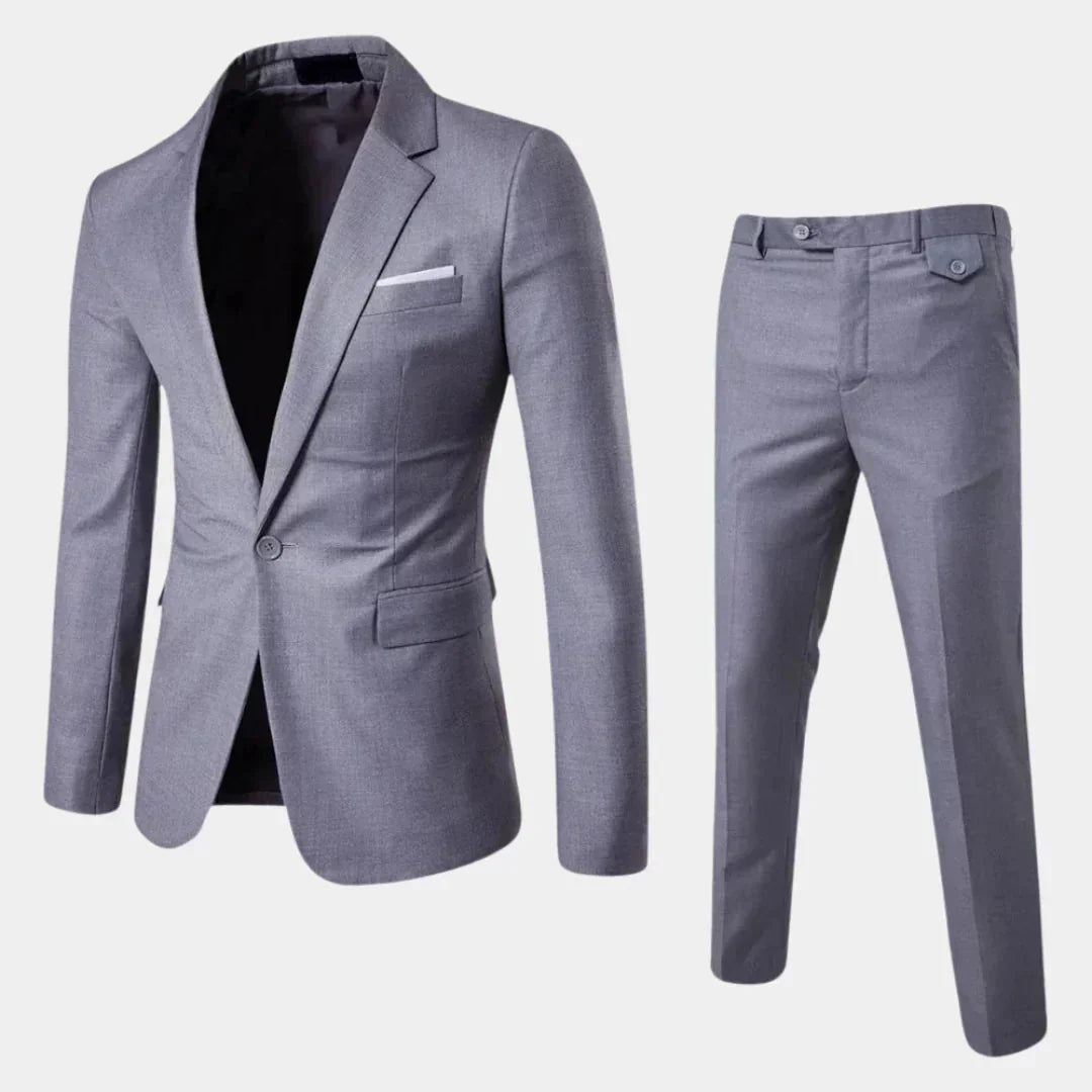 Grey Men's Suit with Slim-Fit Notched Lapel & Single-Button Closure