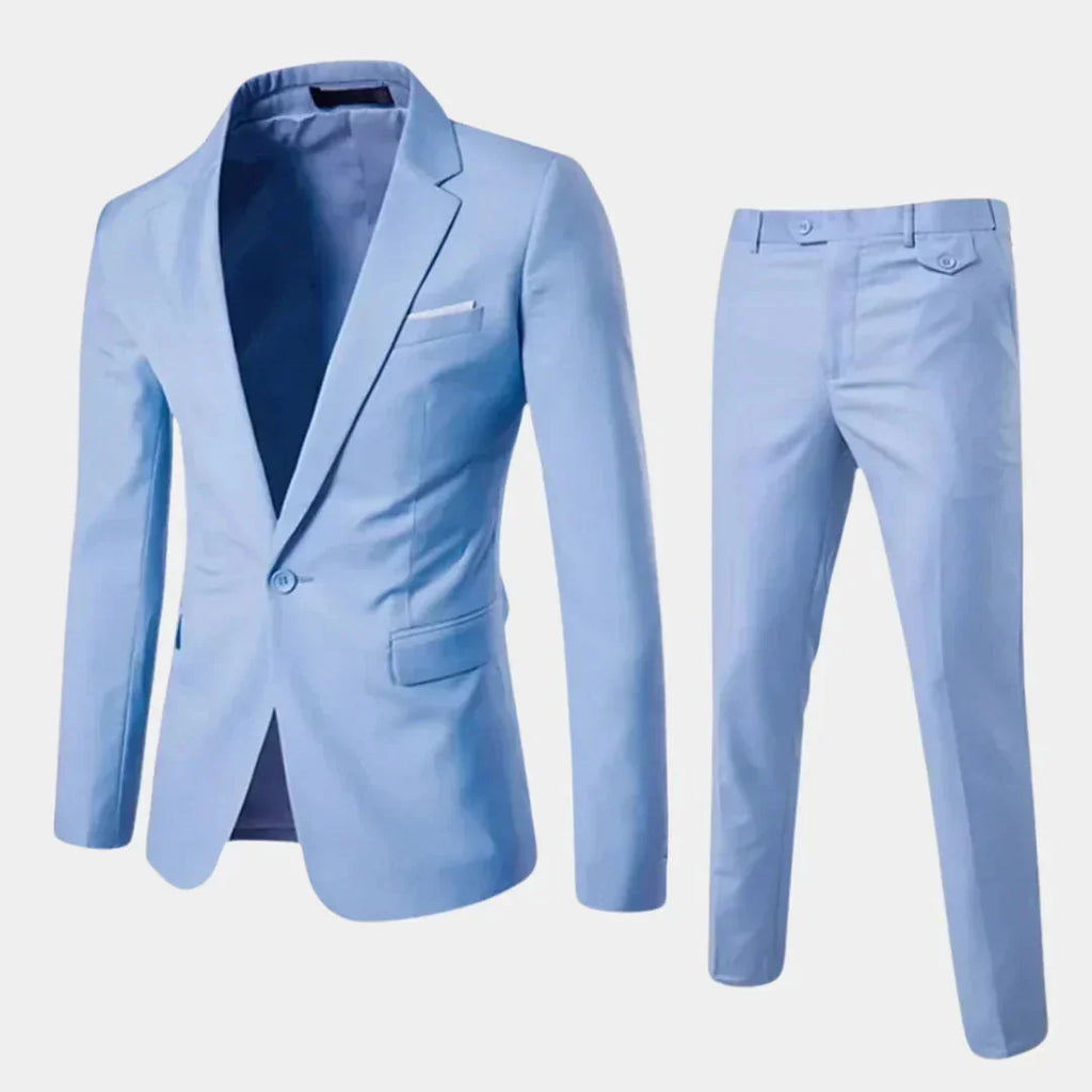 Light Blue Men's Suit with Slim-Fit Notched Lapel & Single-Button Closure - Front Full Pose