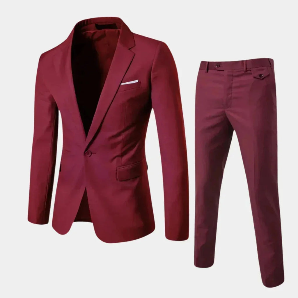 Red Men's Suit with Slim-Fit Notched Lapel & Single-Button Closure