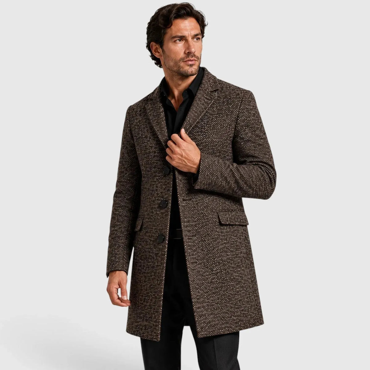 Men's V Neck Trench Coat with Single-Breasted Tailored Fit - Front Detail Hand
