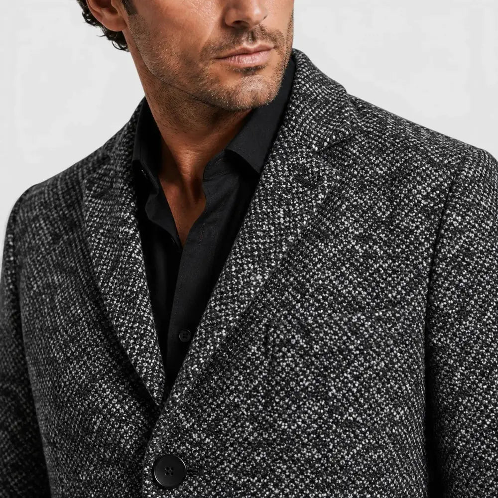 Men's V Neck Trench Coat with Single-Breasted Tailored Fit - Collar Close Up