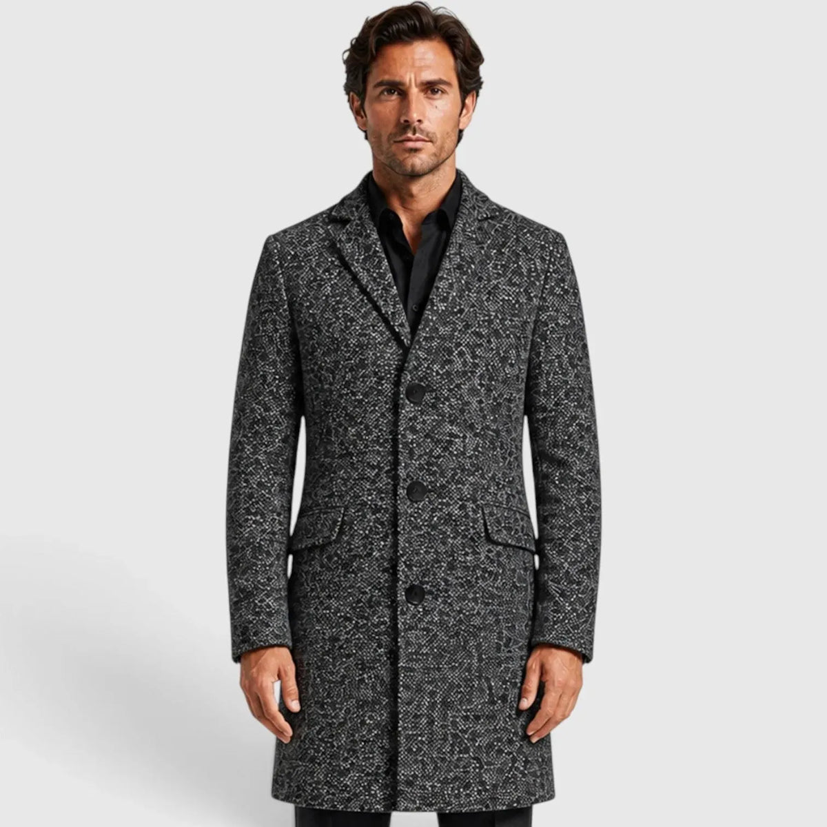 Dark Grey Men's V Neck Trench Coat with Single-Breasted Tailored Fit - Front Close Up