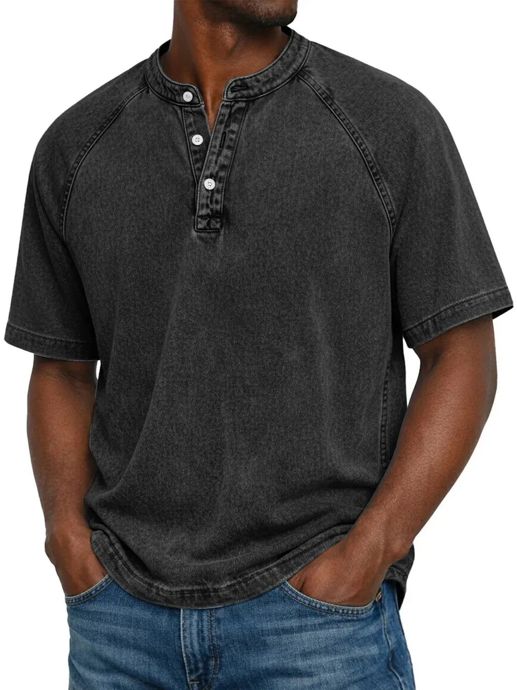 Black Men's Washed Henley Shirt — Theo Short Sleeve Casual Relaxed - Studio Shot