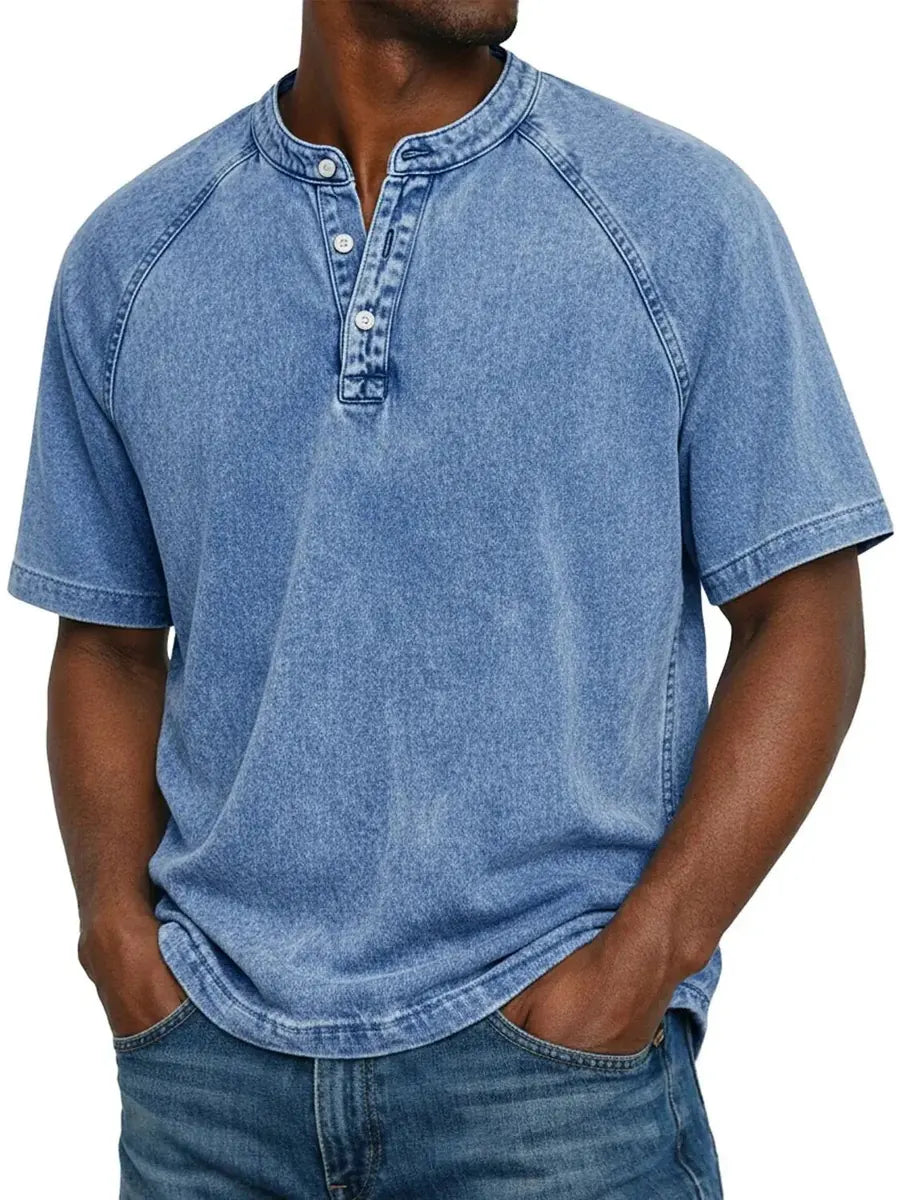 Blue Men's Washed Henley Shirt — Theo Short Sleeve Casual Relaxed - Front Pose
