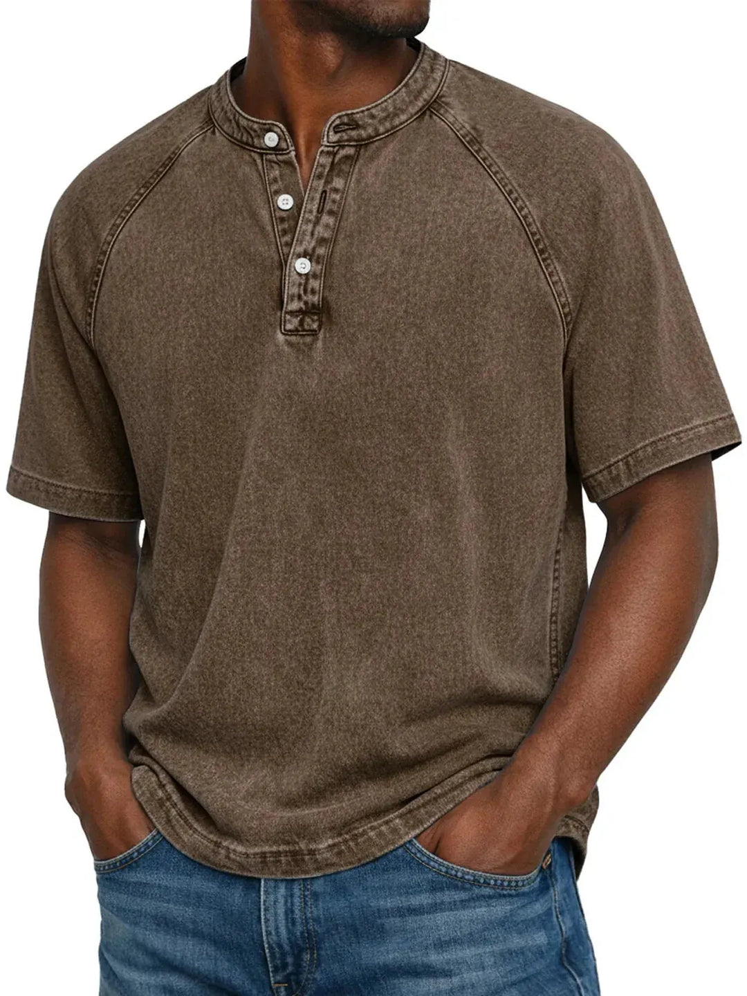 Brown Men's Washed Henley Shirt — Theo Short Sleeve Casual Relaxed - Lifestyle Shot