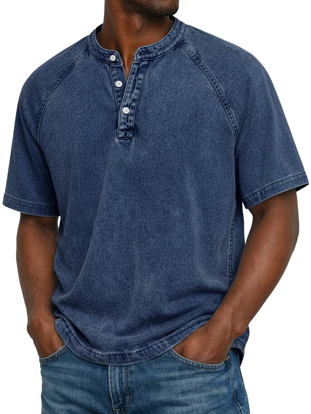 Dark Blue Men's Washed Henley Shirt — Theo Short Sleeve Casual Relaxed - Casual Stance