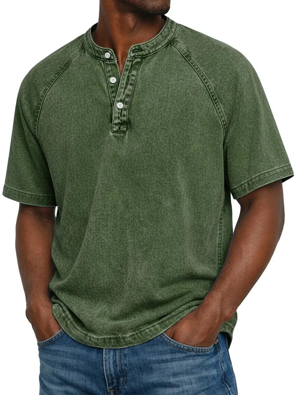 Dark Green Men's Washed Henley Shirt — Theo Short Sleeve Casual Relaxed - Standing Pose