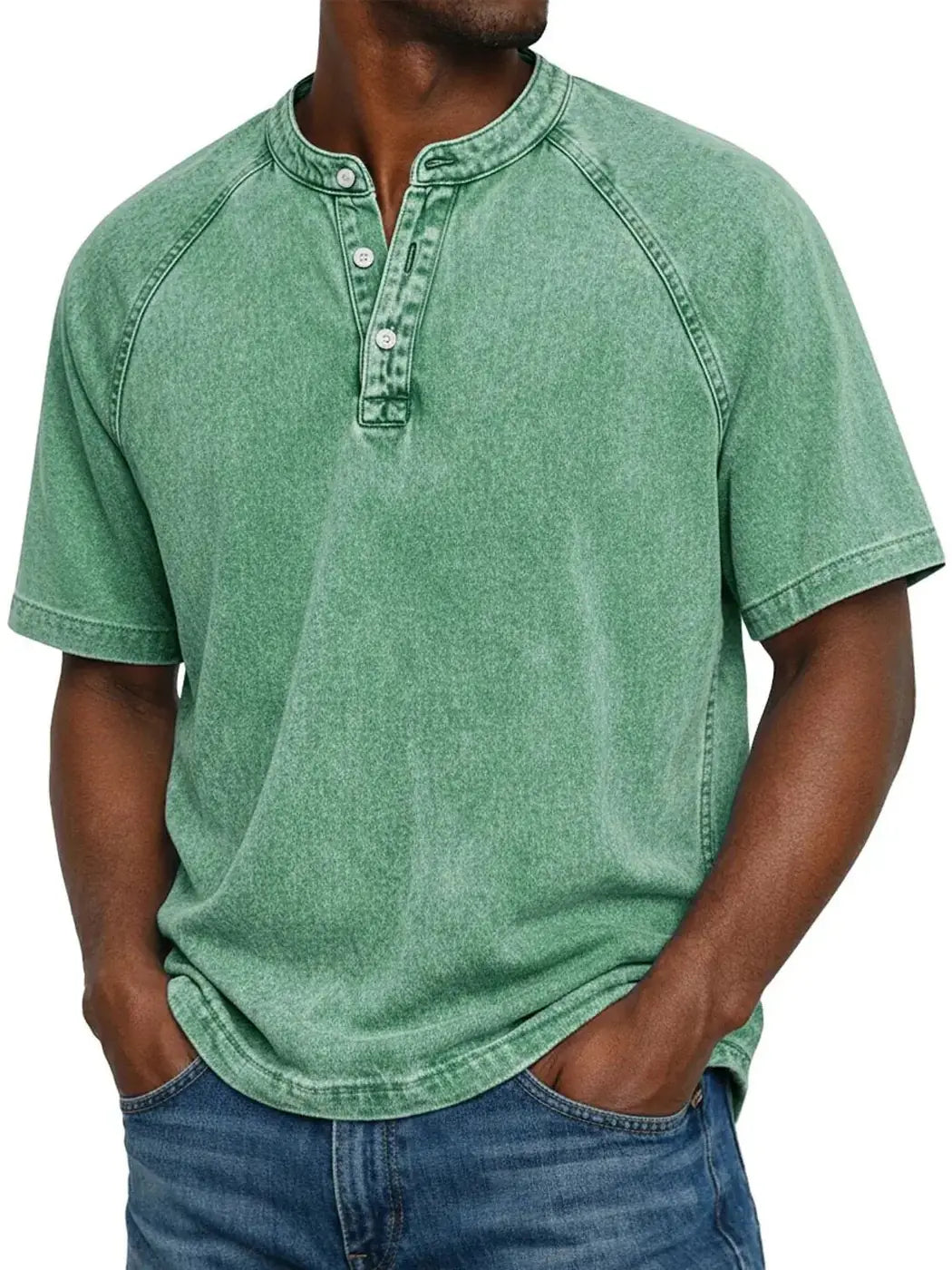 Green Men's Washed Henley Shirt — Theo Short Sleeve Casual Relaxed - Front Casual