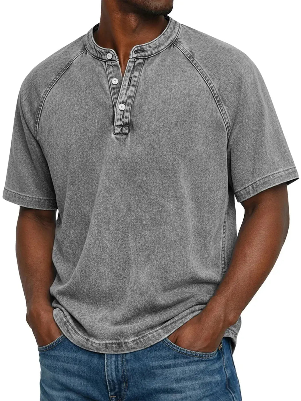 Grey Men's Washed Henley Shirt — Theo Short Sleeve Casual Relaxed - Relaxed Pose