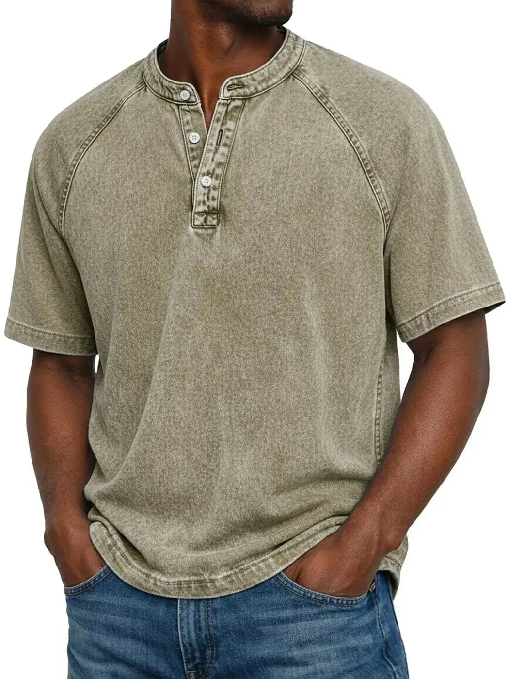Khaki Men's Washed Henley Shirt — Theo Short Sleeve Casual Relaxed - Model Pose