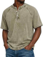 Khaki Men's Washed Henley Shirt — Theo Short Sleeve Casual Relaxed - Model Pose