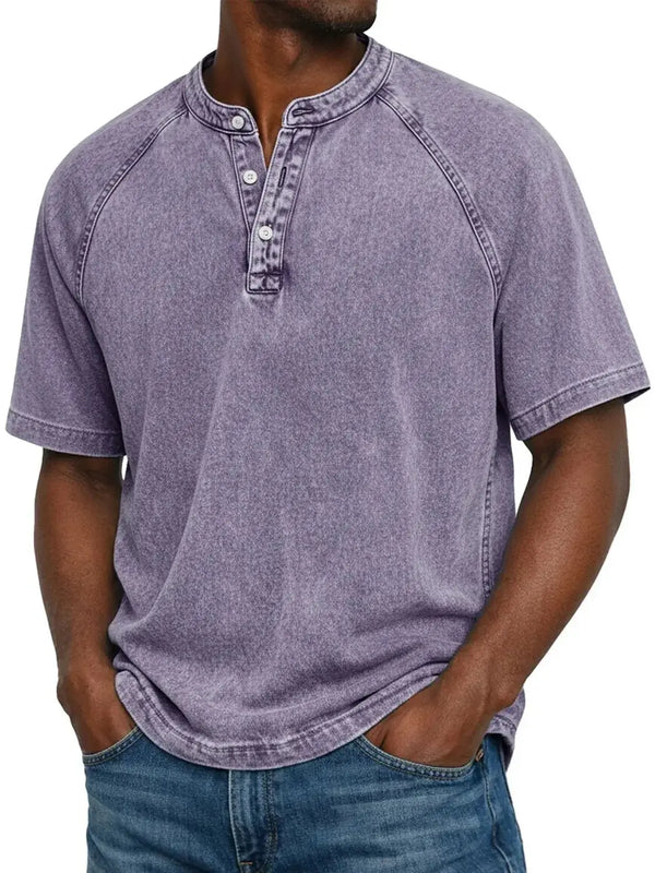 Purple Men's Washed Henley Shirt — Theo Short Sleeve Casual Relaxed - Front Full