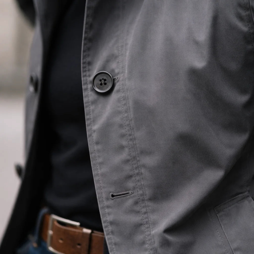 Men's Waterproof Coat with Lightweight Lining & Regular Fit - Button Close Up