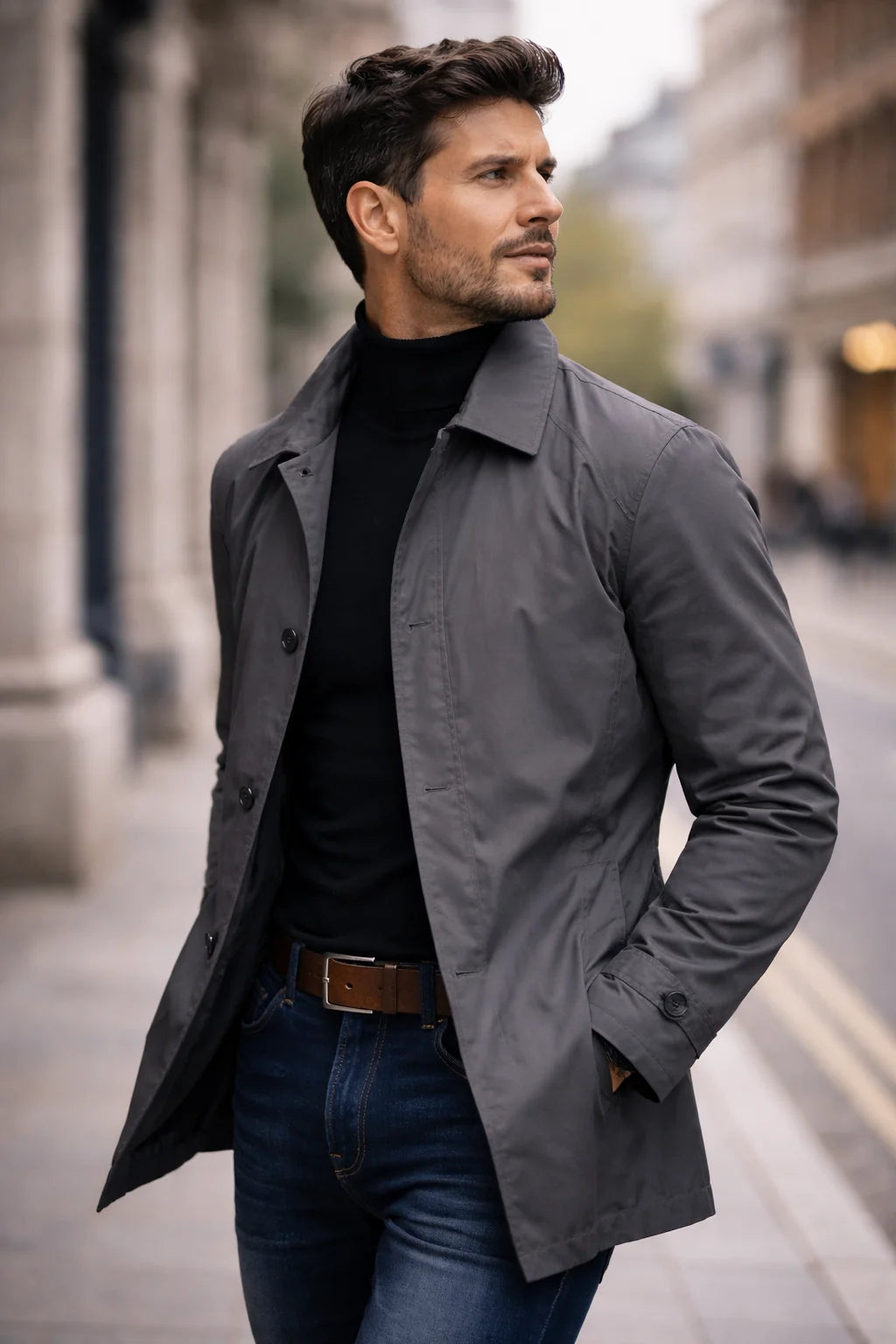 Men's Waterproof Coat with Lightweight Lining & Regular Fit - Side Profile Street
