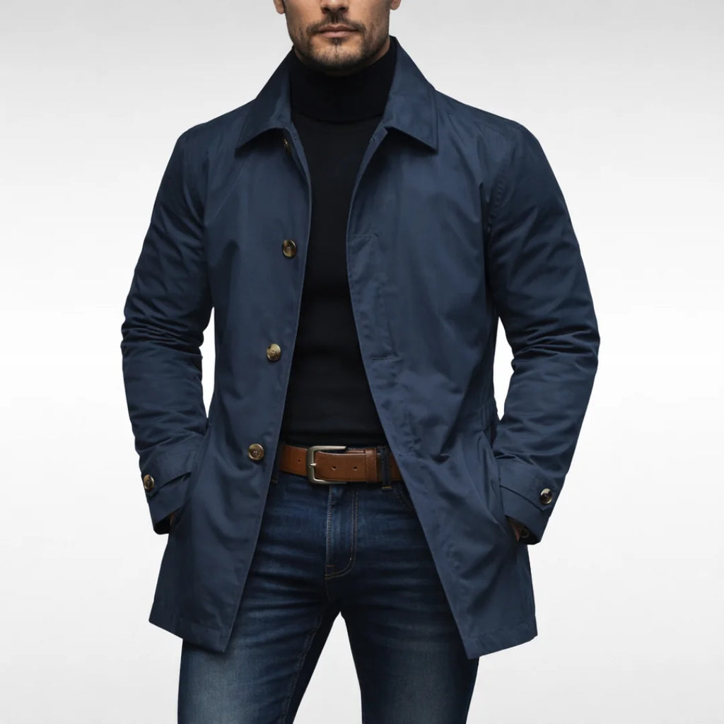 Navy Blue Men's Waterproof Coat with Lightweight Lining & Regular Fit - Front Open Studio