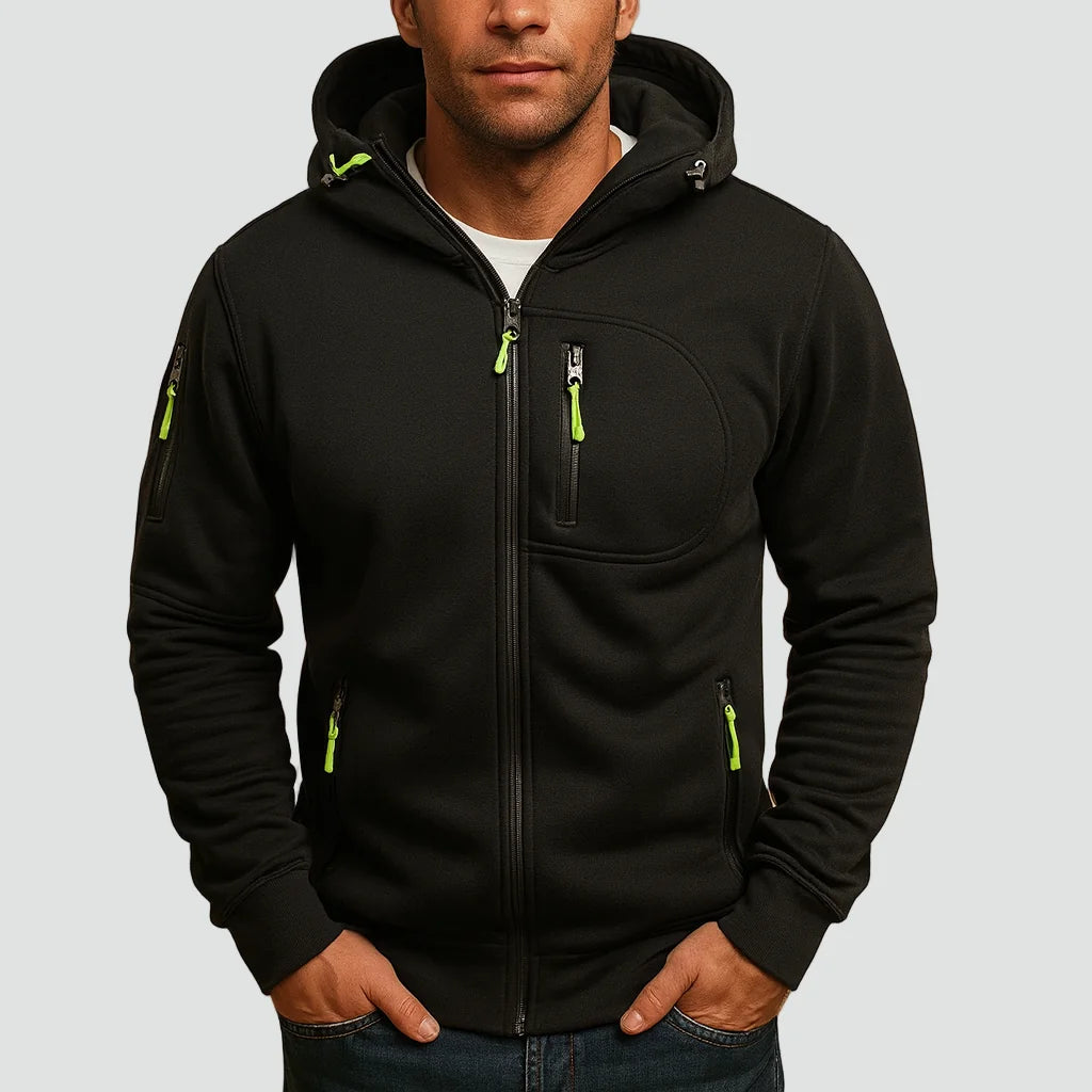 Black Men's Zip Hoodie with Fleece Lining & Zippered Pockets