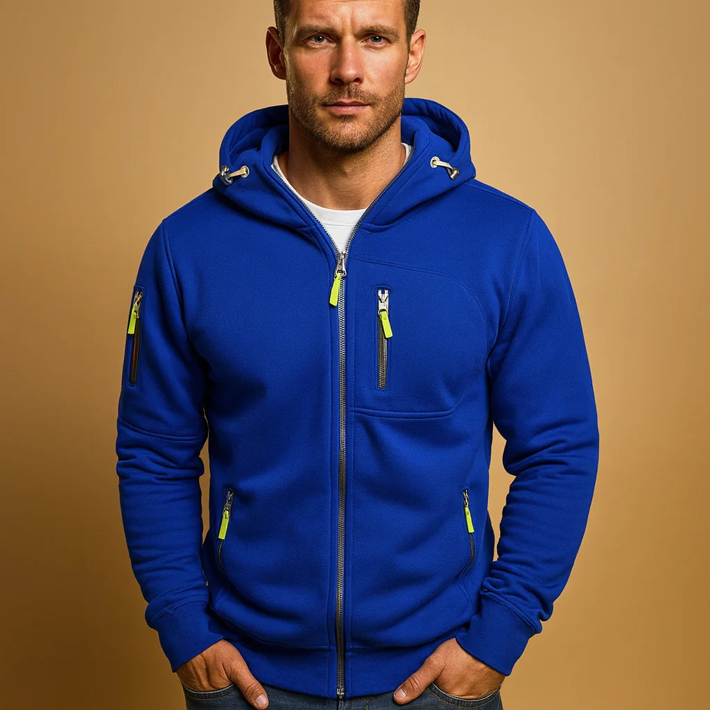 Blue Men's Zip Hoodie with Fleece Lining & Zippered Pockets