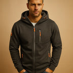 Dark Grey Men's Zip Hoodie with Fleece Lining & Zippered Pockets - Close Up Collar
