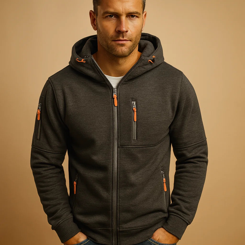 Dark Grey Men's Zip Hoodie with Fleece Lining & Zippered Pockets - Close Up Collar