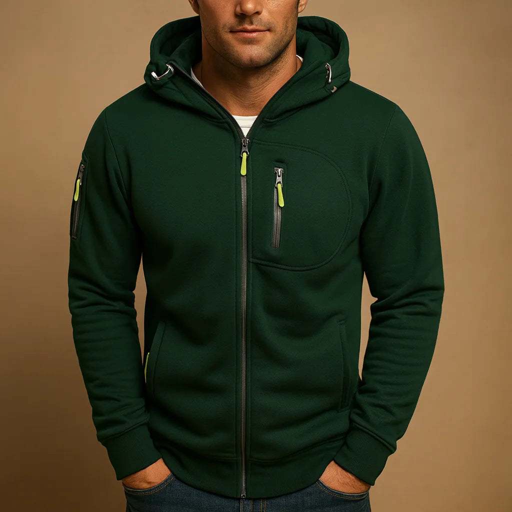 Green Men's Zip Hoodie with Fleece Lining & Zippered Pockets