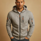 Light Grey Men's Zip Hoodie with Fleece Lining & Zippered Pockets - Front Hands Pockets
