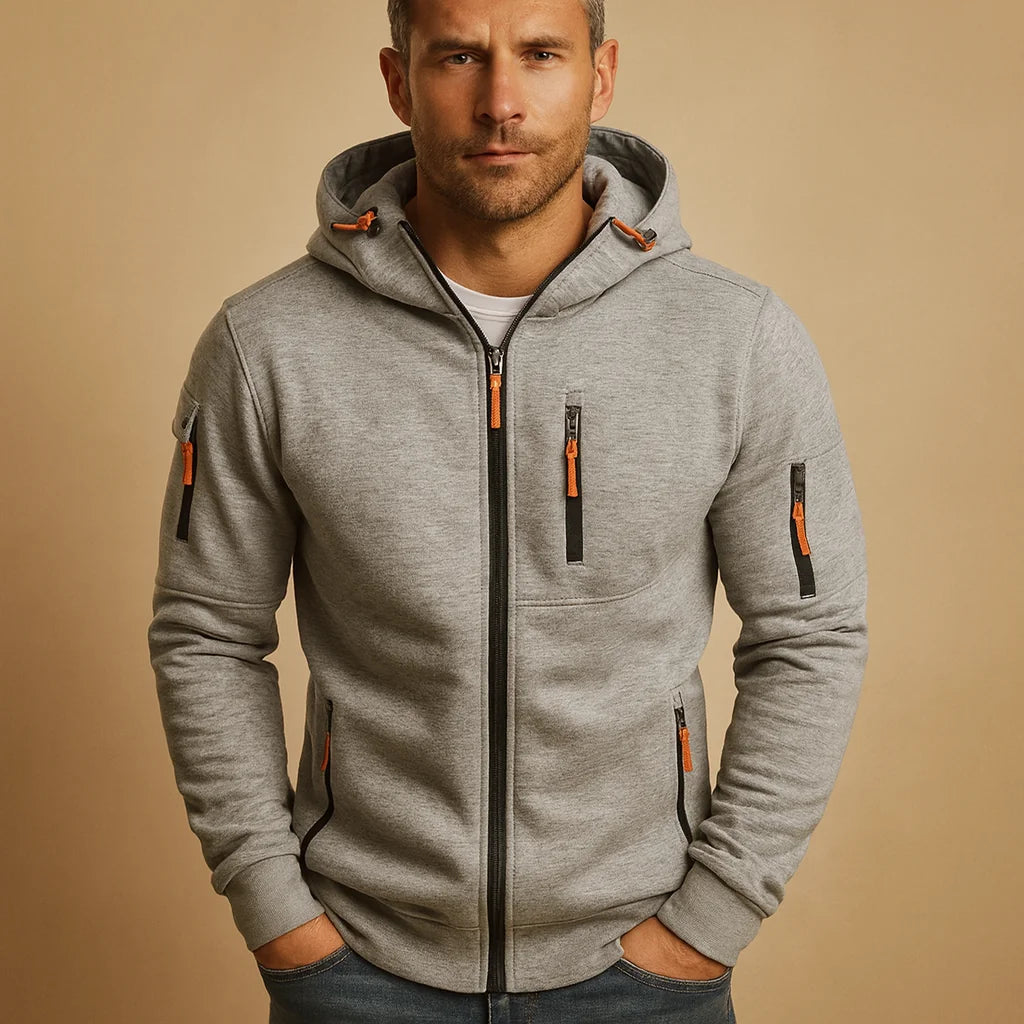 Light Grey Men's Zip Hoodie with Fleece Lining & Zippered Pockets - Front Hands Pockets