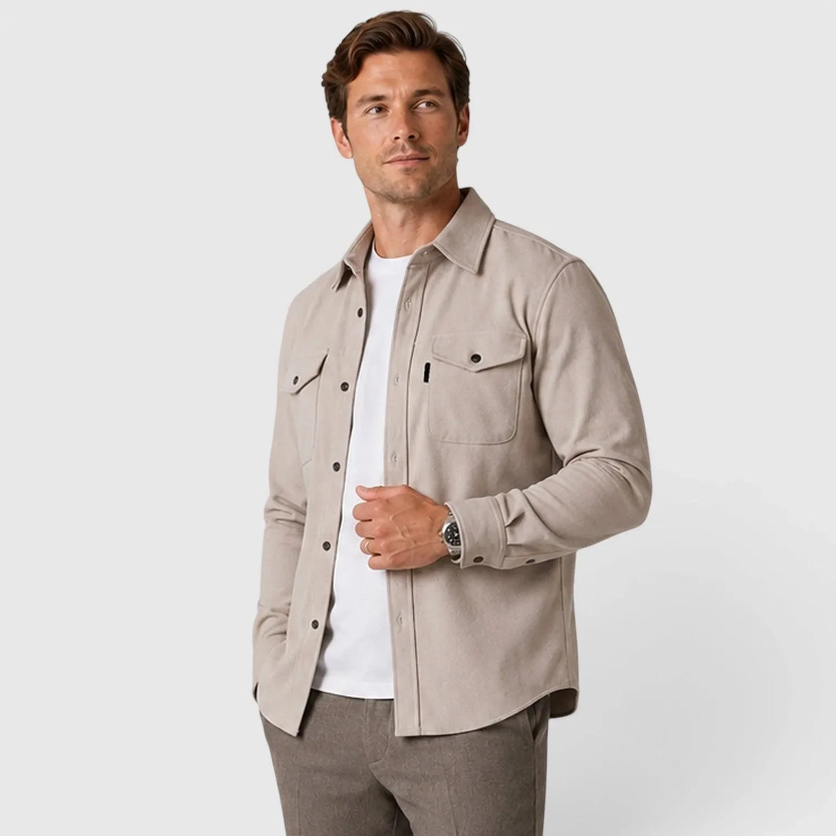 Men's Slim Fit Overshirt with Mandarin Collar & Chest Pockets