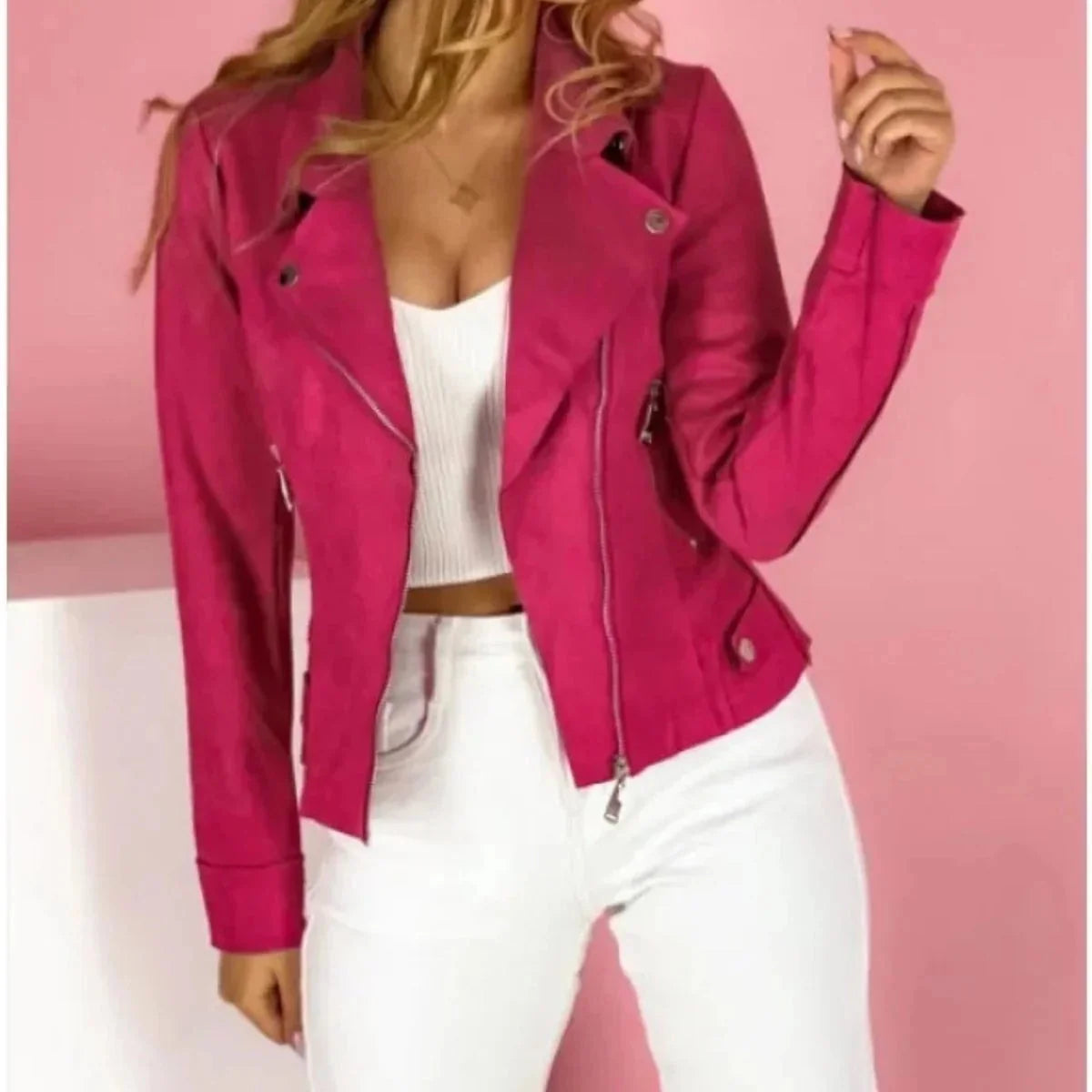 Pink Women's Faux Leather Jacket — Carrie Zip-Up Convertible Collar Cropped - Front Backdrop