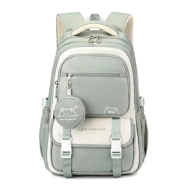 Green Women's Multi Pocket School Backpack with Padded Mesh Straps — Erin - Front View
