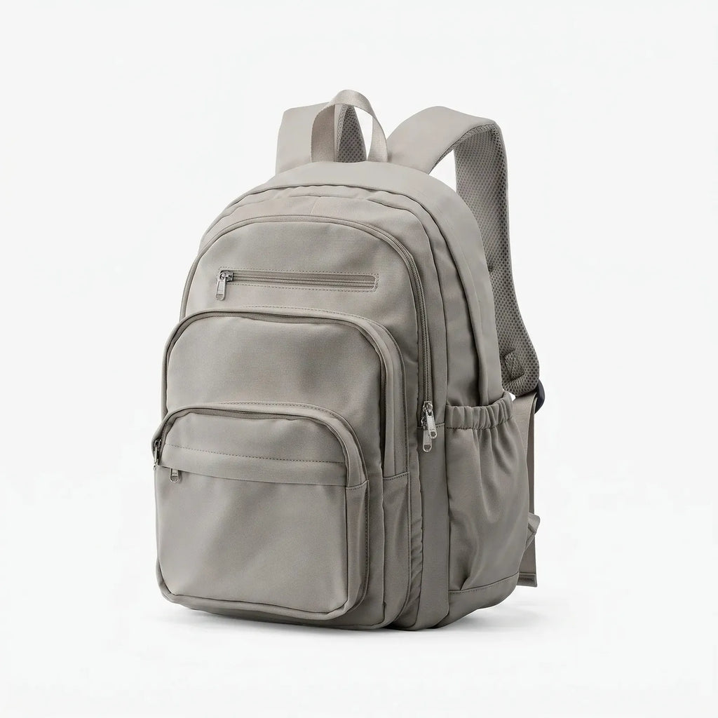 Grey Women's Multi Pocket School Backpack with Adjustable Straps & Zip Front Pockets — Jada - Brown Front Angle Studio