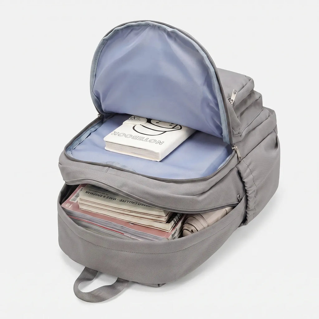 Grey Women's Multi Pocket School Backpack with Adjustable Straps & Zip Front Pockets — Jada - Brown Open Top Contents