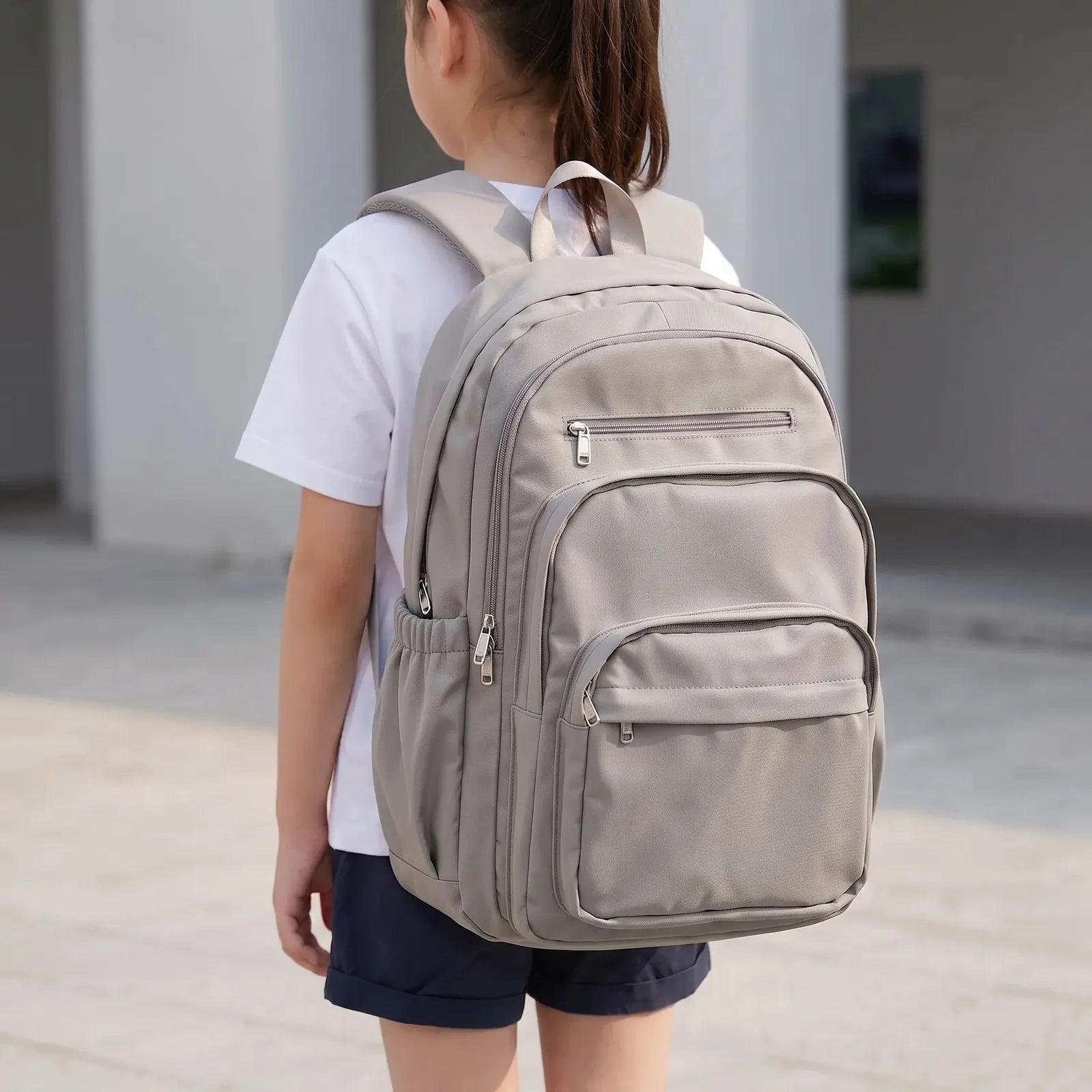 Grey Women's Multi Pocket School Backpack with Adjustable Straps & Zip Front Pockets — Jada - Brown