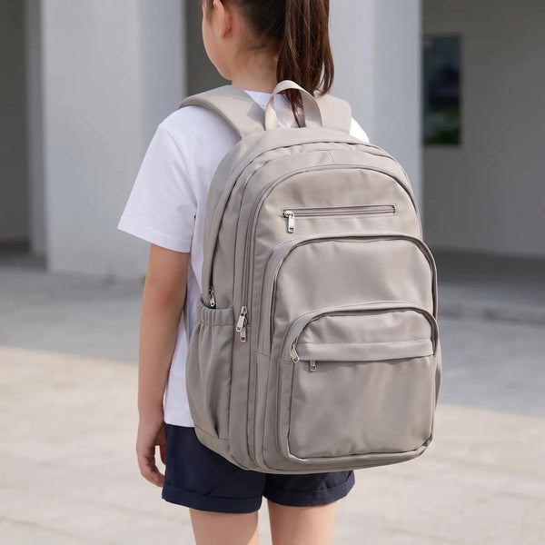 Grey Women's Multi Pocket School Backpack with Adjustable Straps & Zip Front Pockets — Jada - Brown