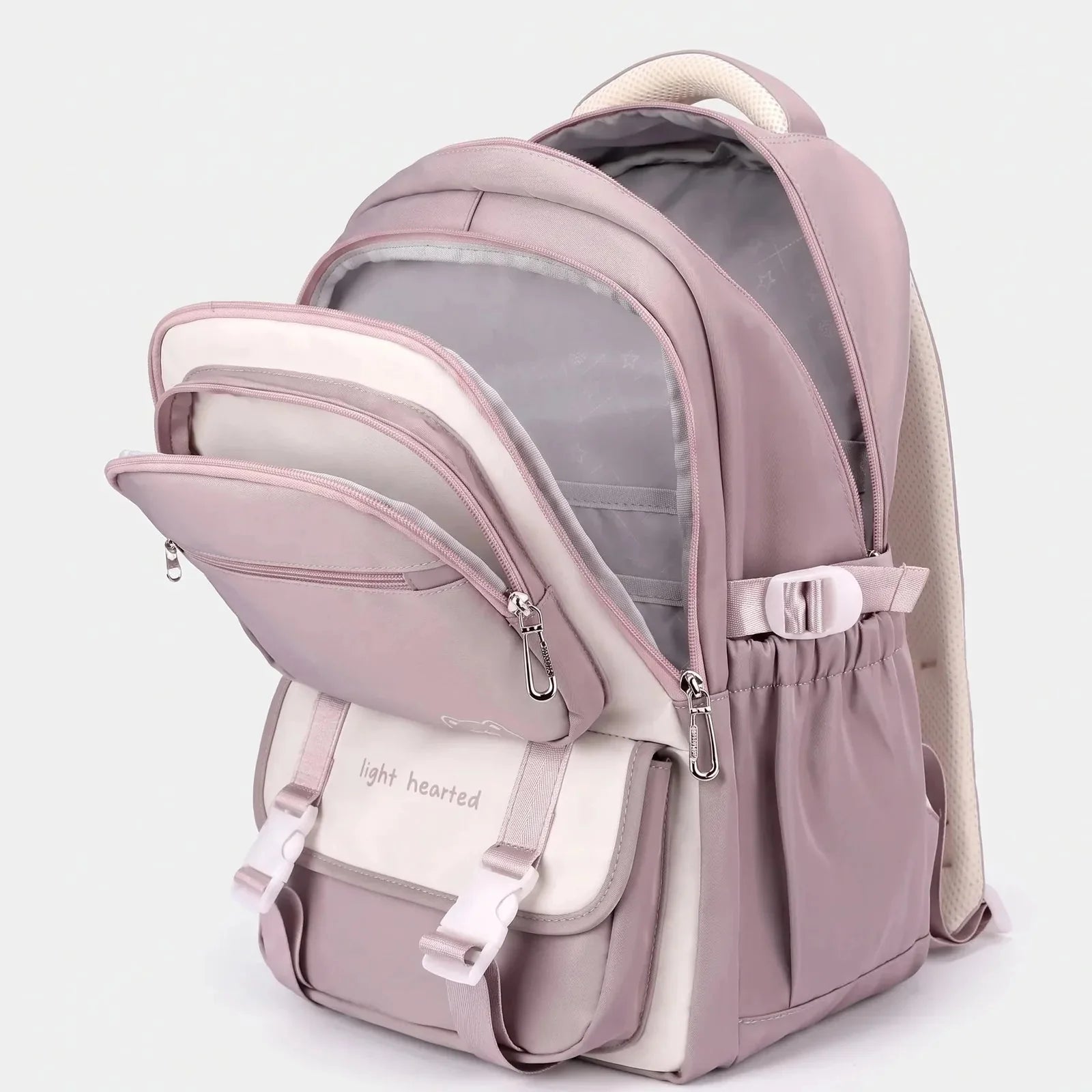 Purple Women's Multi Pocket School Backpack with Padded Mesh Straps — Erin - Open Compartments
