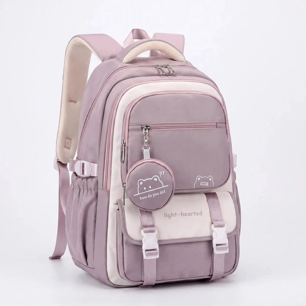Purple Women's Multi Pocket School Backpack with Padded Mesh Straps — Erin - Studio Angled