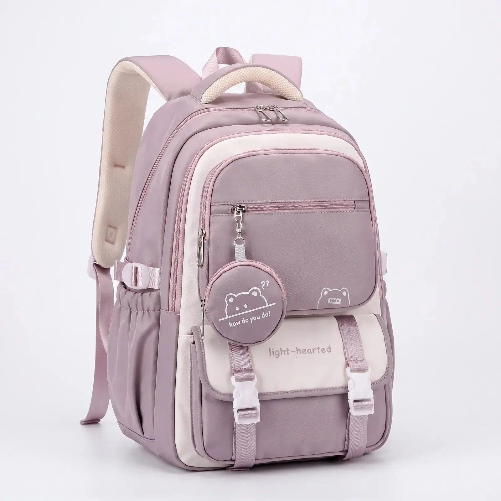 Purple Women's Multi Pocket School Backpack with Padded Mesh Straps — Erin - Studio Angled