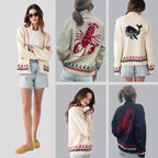 Beige (Lobster) Women's Nautical Knit Cardigan with Whale Motif & Relaxed Fit - Collage Front And Back