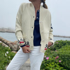 Women's Nautical Knit Cardigan with Whale Motif & Relaxed Fit - Front Detail Outdoor