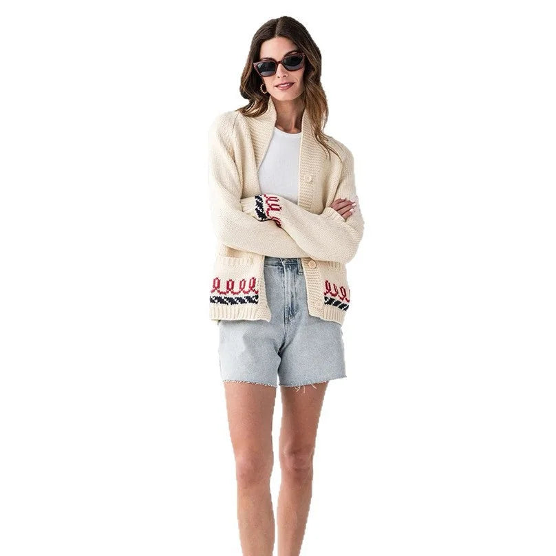Women's Nautical Knit Cardigan with Whale Motif & Relaxed Fit - Front Full Studio