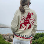 Women's Nautical Knit Cardigan with Whale Motif & Relaxed Fit - Lobster