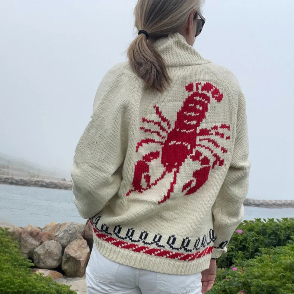 Women's Nautical Knit Cardigan with Whale Motif & Relaxed Fit - Lobster