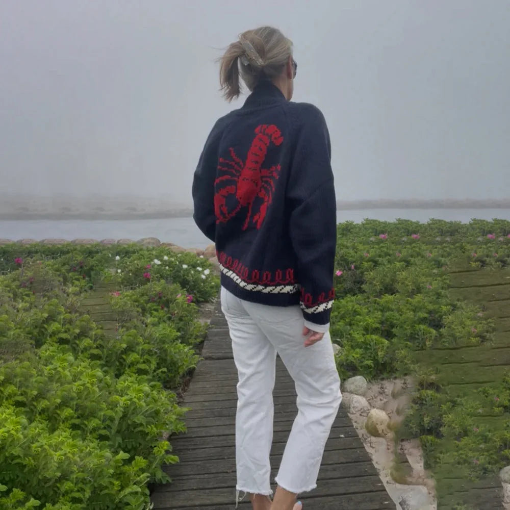 Black (Lobster) Women's Nautical Knit Cardigan with Whale Motif & Relaxed Fit - Back Full Outdoor
